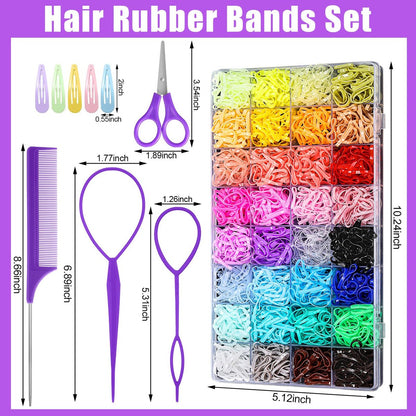 32 Colored Elastic Hair Ties Set - 1700 Rubber Bands with 14 Styling Tools & Cutter for Girls, Babies, Toddlers, Kids