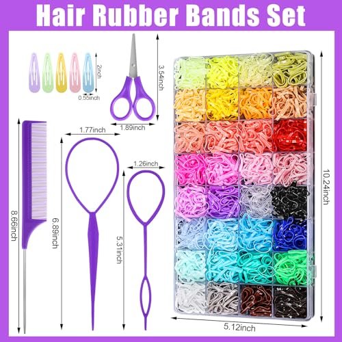 32 Colored Elastic Hair Ties Set - 1700 Rubber Bands with 14 Styling Tools & Cutter for Girls, Babies, Toddlers, Kids - görsel 4