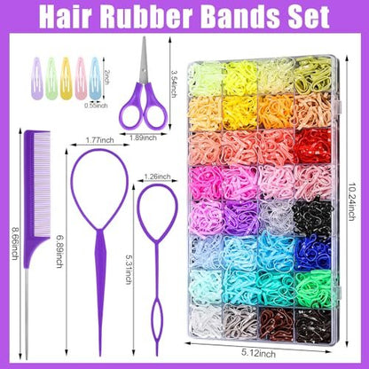 32 Colored Elastic Hair Ties Set - 1700 Rubber Bands with 14 Styling Tools & Cutter for Girls, Babies, Toddlers, Kids