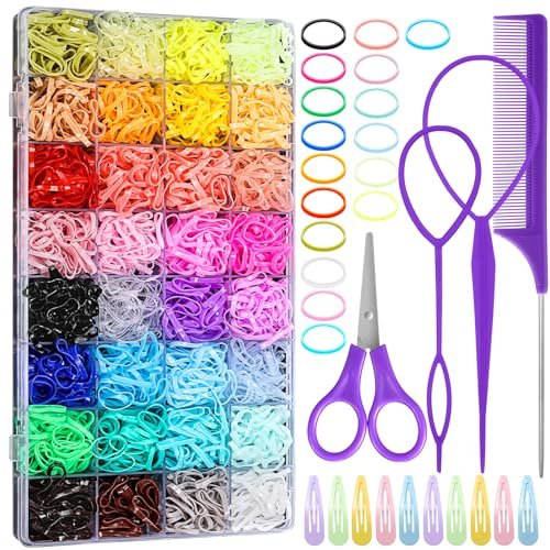 32 Colored Elastic Hair Ties Set - 1700 Rubber Bands with 14 Styling Tools & Cutter for Girls, Babies, Toddlers, Kids - görsel 2