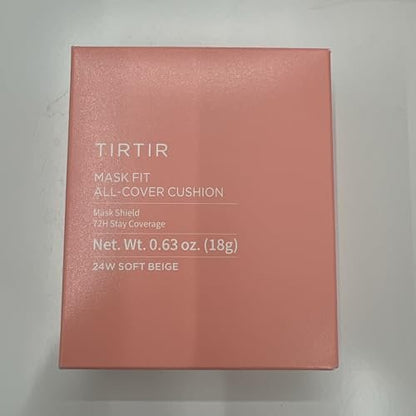 TIRTIR Mask Fit All Cover Pink Cushion Foundation - High Coverage Velvety Matte Finish, Lightweight Flawless Look, Corrects Redness, Korean Cushion (#24W Soft Beige, Full Size 0.63 Fl Oz)