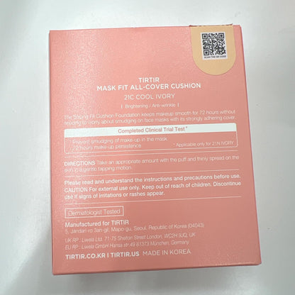 TIRTIR Mask Fit All Cover Pink Cushion Foundation - High Coverage, Velvety Matte Finish, Lightweight, Flawless, Corrects Redness, Korean Cushion (#21C Cool Ivory, Full Size, 0.63 Fl Oz)
