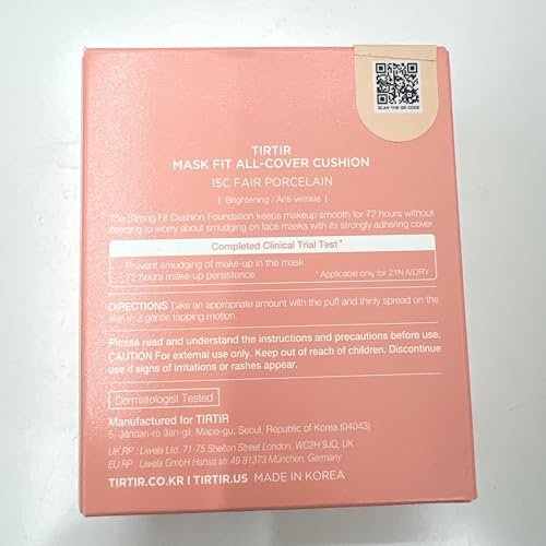 TIRTIR Mask Fit All Cover Pink Cushion Foundation - High Coverage, Velvety Matte Finish, Lightweight, Flawless, Corrects Redness, Korean Cushion (#15C Fair Porcelain, Full Size, 0.63 Fl Oz) Avelisse