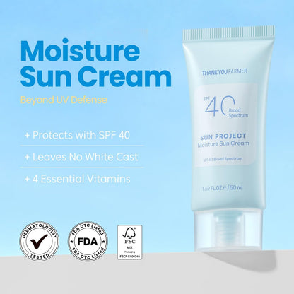 THANKYOU FARMER Sun Project Moisture Sun Cream SPF 40 – Korean Sunscreen with Panthenol, Fragrance Free, Broad Spectrum, No White Cast, 1.69 fl oz Avelisse