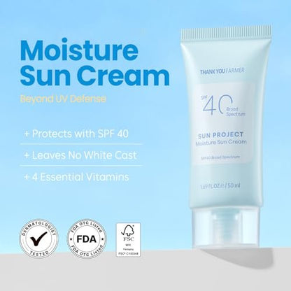 THANKYOU FARMER Sun Project Moisture Sun Cream SPF 40 – Korean Sunscreen with Panthenol, Fragrance Free, Broad Spectrum, No White Cast, 1.69 fl oz Avelisse