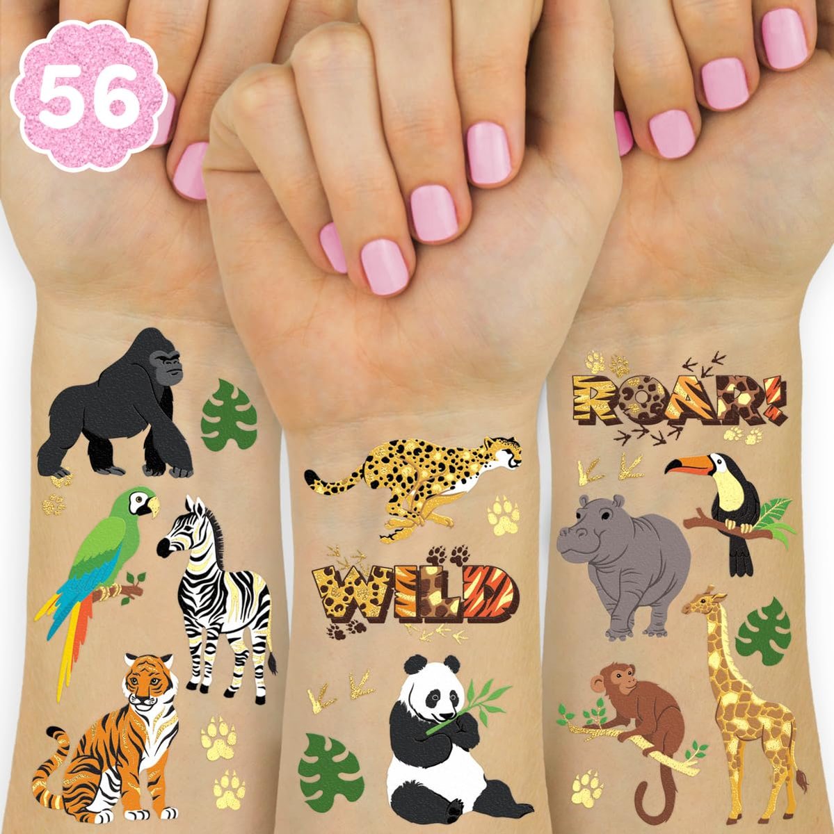 xo, Fetti Jungle Animals Temporary Tattoos - 56 Gold Foil Pcs | Wild Birthday Accessory, Safari Bachelorette Party Favor, Cute Kids Zoo Activity - görsel 2