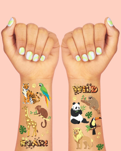 xo, Fetti Jungle Animals Temporary Tattoos - 56 Gold Foil Pcs | Wild Birthday Accessory, Safari Bachelorette Party Favor, Cute Kids Zoo Activity