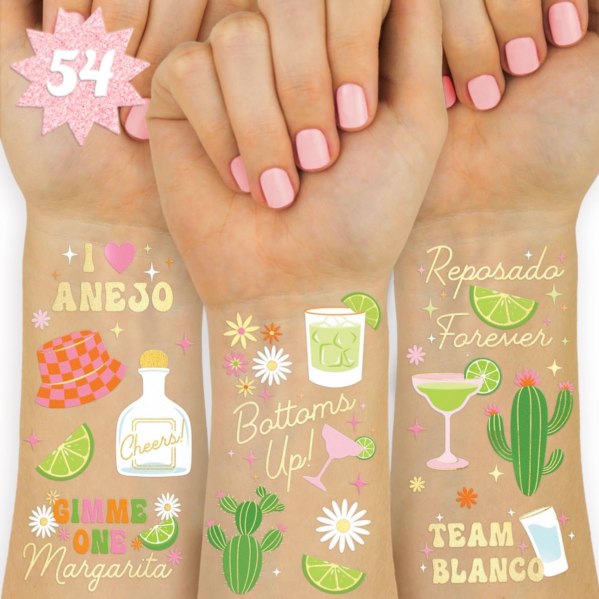 xo, Fetti Margarita Temporary Tattoos - 54 Gold Foil Pieces | Tequila Bachelorette Party Favors, Cinco De Mayo Accessories, Cactus Birthday Activity - görsel 1