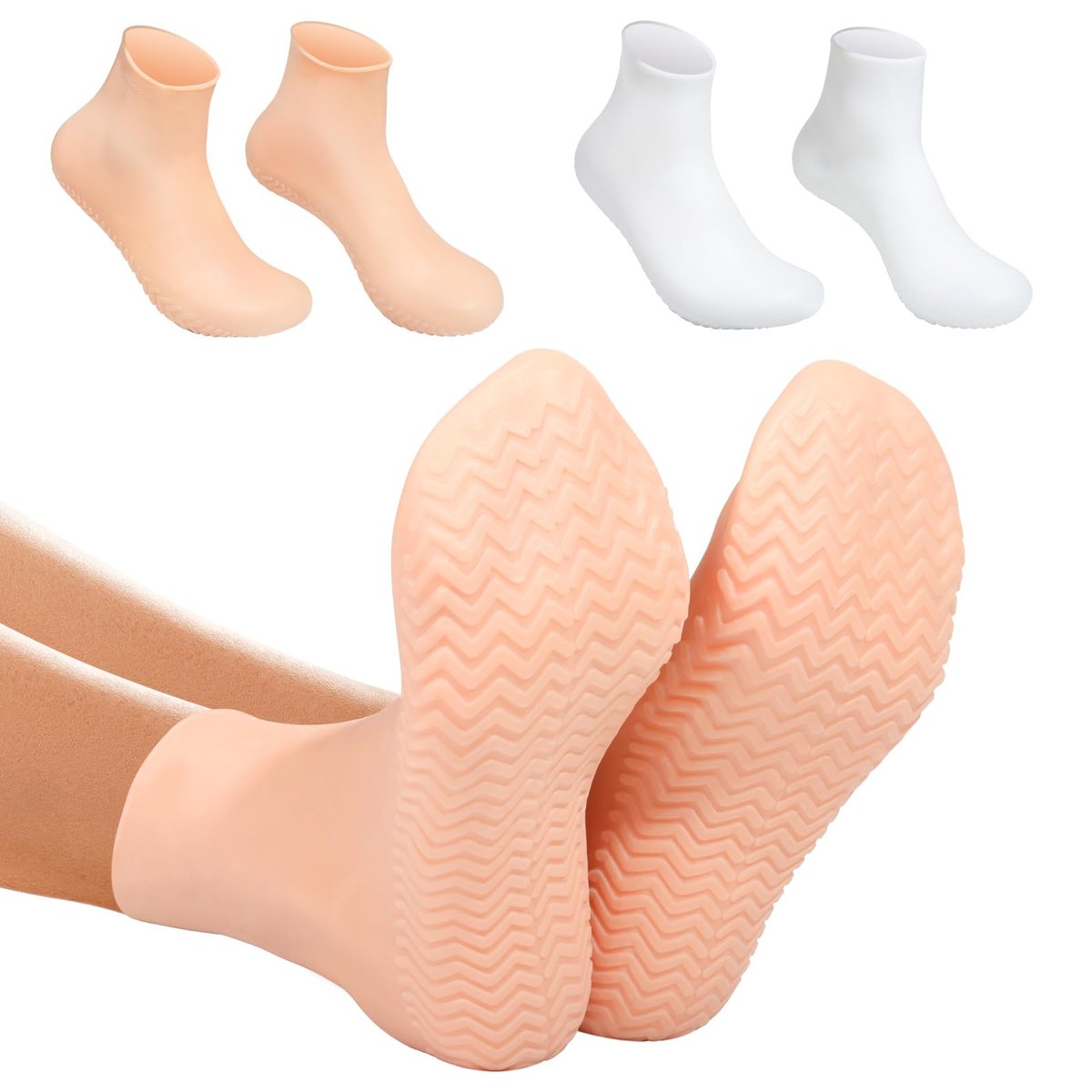 Silicone Moisturizing Socks for Dry Cracked Feet - 2 Pairs, XL Long Size, Non-Slip Heel Socks for Women and Men - High Stretch Foot Care Pedicure - White & Beige Avelisse