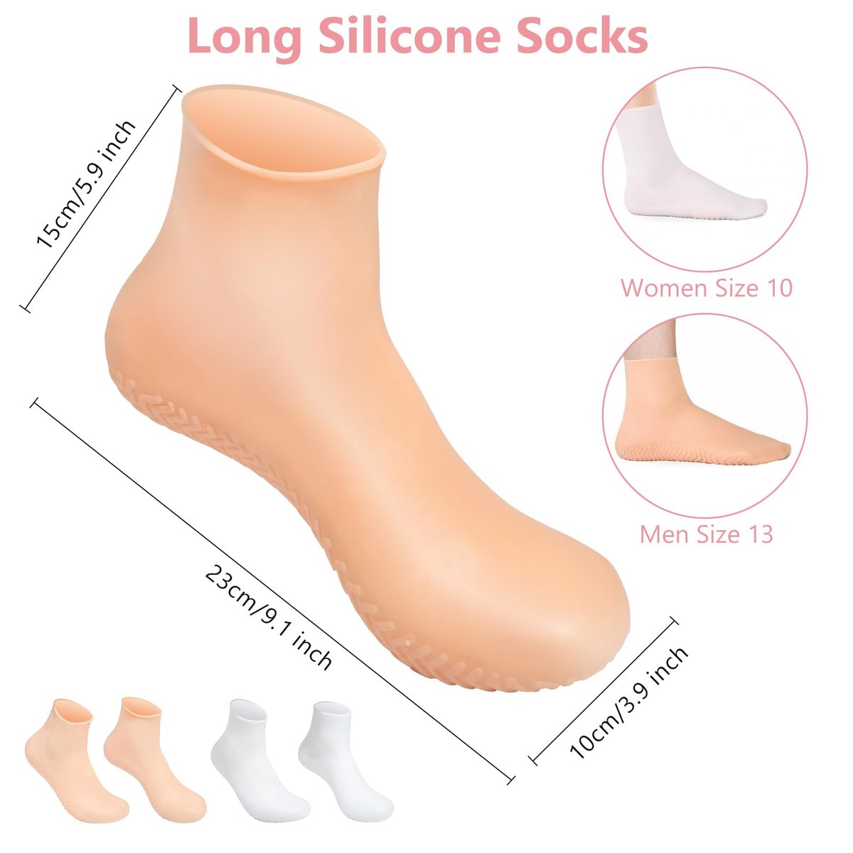 Silicone Moisturizing Socks for Dry Cracked Feet - 2 Pairs, XL Long Size, Non-Slip Heel Socks for Women and Men - High Stretch Foot Care Pedicure - White & Beige Avelisse