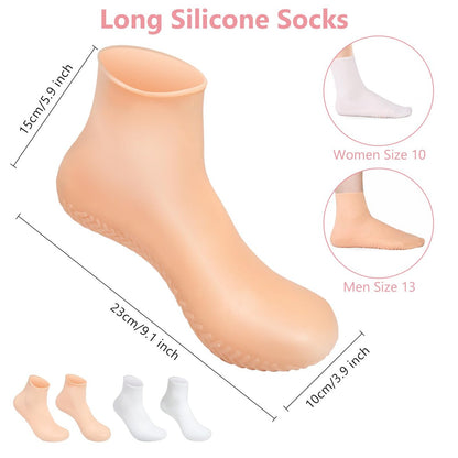 Silicone Moisturizing Socks for Dry Cracked Feet - 2 Pairs, XL Long Size, Non-Slip Heel Socks for Women and Men - High Stretch Foot Care Pedicure - White & Beige Avelisse