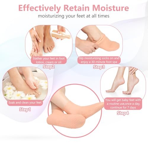 Silicone Moisturizing Socks for Dry Cracked Feet - 2 Pairs, XL Long Size, Non-Slip Heel Socks for Women and Men - High Stretch Foot Care Pedicure - White & Beige Avelisse
