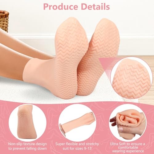 Silicone Moisturizing Socks for Dry Cracked Feet - 2 Pairs, XL Long Size, Non-Slip Heel Socks for Women and Men - High Stretch Foot Care Pedicure - White & Beige Avelisse