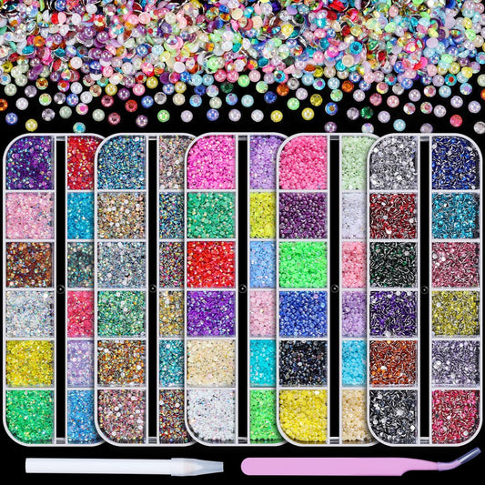 5 Boxes 2mm Flatback Nail Rhinestones Kit - 13200 Pcs Colorful AB Round Transparent White Rainbow Crystal Gems Half Pearls with Pick Up Pen and Picker Tweezers for Craft Art and Face Makeup