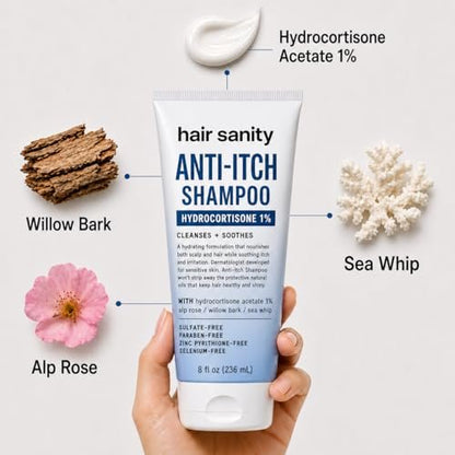 ITCHY SCALP SHAMPOO (Hydrocortisone 1%) – Anti-Itch Treatment for Dry Scalp, Eczema, & Inflammation Relief | Color Safe, Sulfate-Free, Dermatologist Patented Formula for Men & Women Avelisse