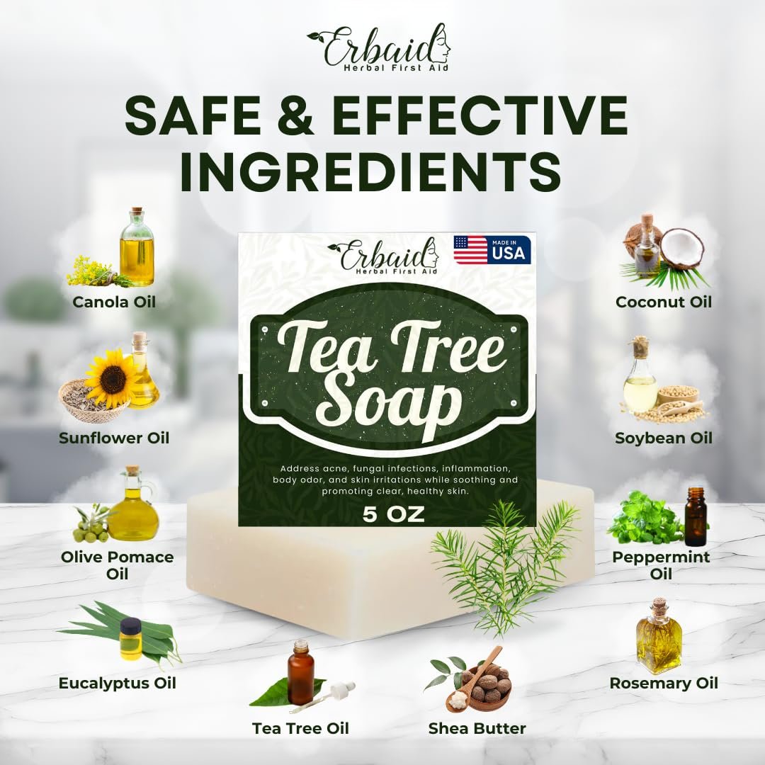 Erbaid Tea Tree Soap – Natural Defense Tea Tree Oil Wash Bar for Face & Body – Acne Fighting, Hydrating Cleanser for Calm, Fresh Skin - görsel 9