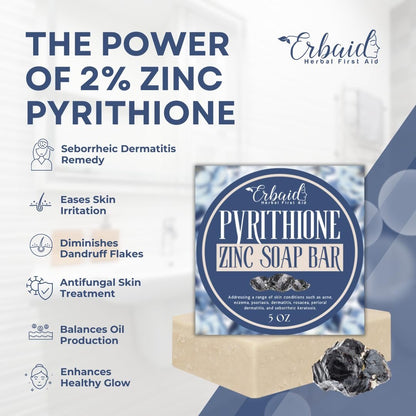 Erbaid Pyrithione Zinc Soap Bar for Face & Body – 4oz, 2% ZnP Cleanser for Acne, Rosacea, Eczema, Dermatitis, Psoriasis & Itching – Calming Zinc Facial Wash, Made in USA