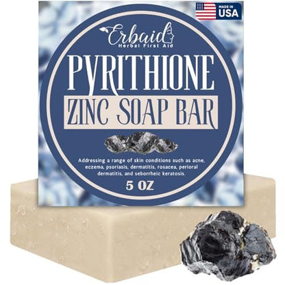 Erbaid Pyrithione Zinc Soap Bar for Face & Body – 4oz, 2% ZnP Cleanser for Acne, Rosacea, Eczema, Dermatitis, Psoriasis & Itching – Calming Zinc Facial Wash, Made in USA
