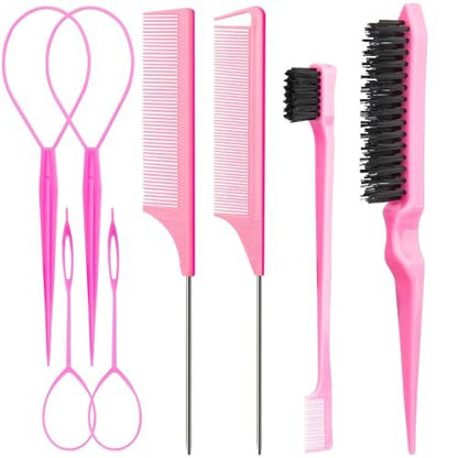 Aigee 8-Piece Hair Styling Combs Set - Pink Topsy Tail Tools, Rat Tail Comb, Teasing Brush, Edge Control Brush for Women & Girls