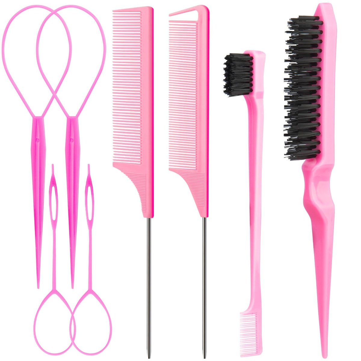 Aigee 8-Piece Hair Styling Combs Set - Pink Topsy Tail Tools, Rat Tail Comb, Teasing Brush, Edge Control Brush for Women & Girls - görsel 1