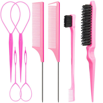 Aigee 8-Piece Hair Styling Combs Set - Pink Topsy Tail Tools, Rat Tail Comb, Teasing Brush, Edge Control Brush for Women & Girls