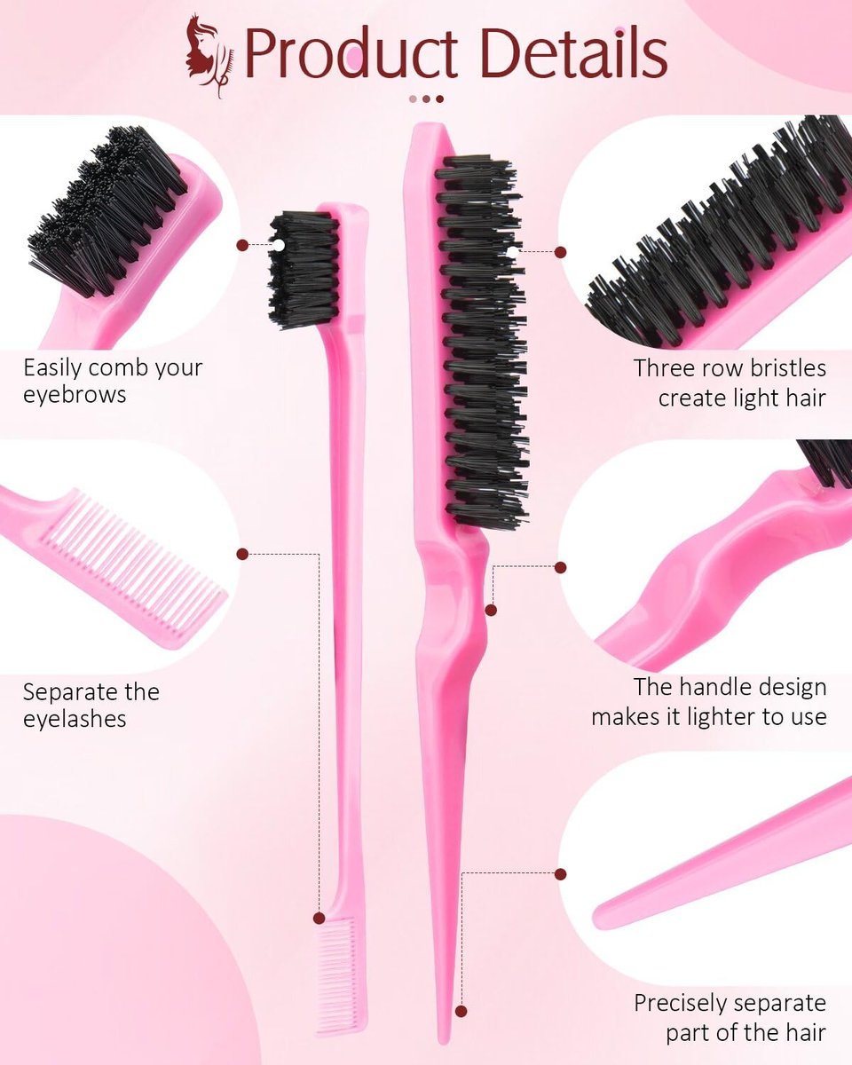 Aigee 8-Piece Hair Styling Combs Set - Pink Topsy Tail Tools, Rat Tail Comb, Teasing Brush, Edge Control Brush for Women & Girls - görsel 7