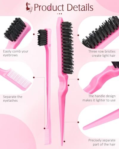 Aigee 8-Piece Hair Styling Combs Set - Pink Topsy Tail Tools, Rat Tail Comb, Teasing Brush, Edge Control Brush for Women & Girls - görsel 8