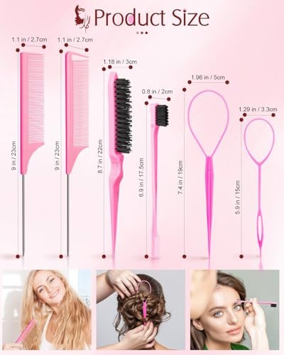 Aigee 8-Piece Hair Styling Combs Set - Pink Topsy Tail Tools, Rat Tail Comb, Teasing Brush, Edge Control Brush for Women & Girls - görsel 6