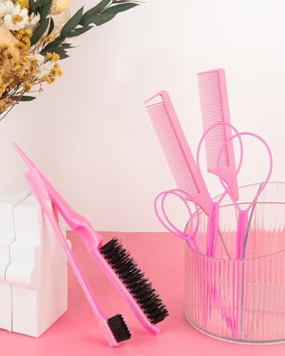 Aigee 8-Piece Hair Styling Combs Set - Pink Topsy Tail Tools, Rat Tail Comb, Teasing Brush, Edge Control Brush for Women & Girls - görsel 4