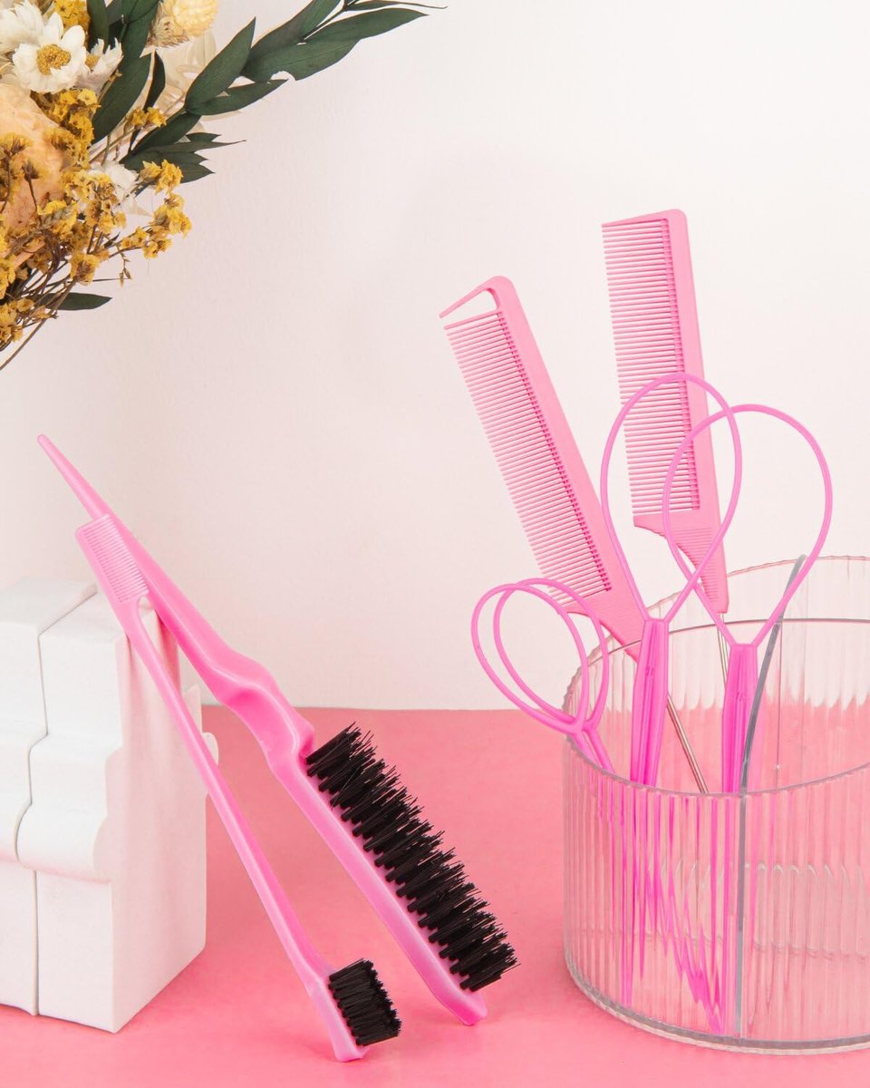 Aigee 8-Piece Hair Styling Combs Set - Pink Topsy Tail Tools, Rat Tail Comb, Teasing Brush, Edge Control Brush for Women & Girls - görsel 3