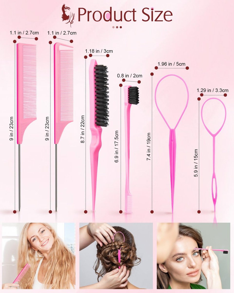Aigee 8-Piece Hair Styling Combs Set - Pink Topsy Tail Tools, Rat Tail Comb, Teasing Brush, Edge Control Brush for Women & Girls - görsel 5