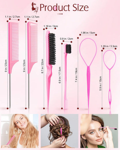 Aigee 8-Piece Hair Styling Combs Set - Pink Topsy Tail Tools, Rat Tail Comb, Teasing Brush, Edge Control Brush for Women & Girls