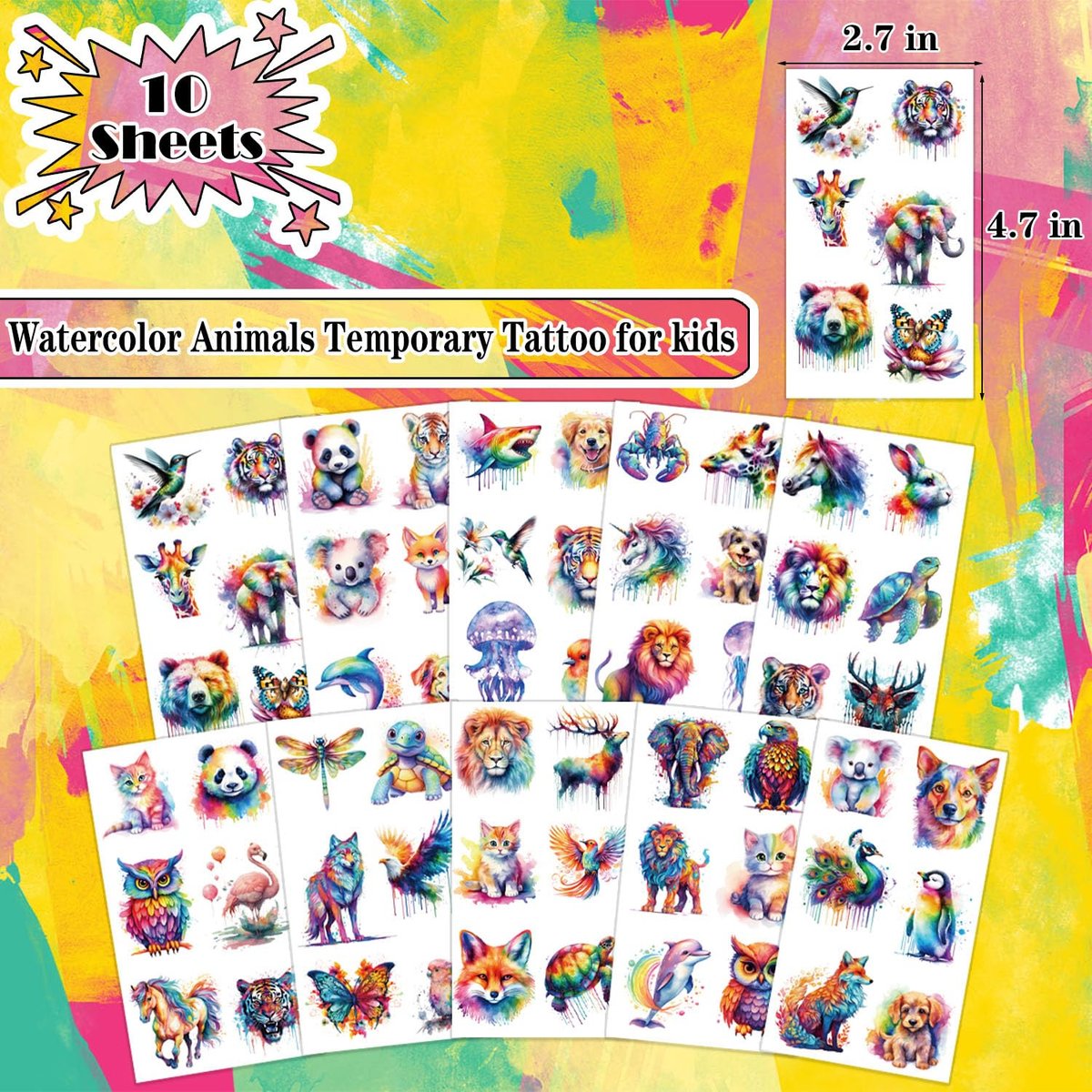 UVUXO Watercolor Animals Temporary Tattoos for Kids - 60 Styles, Safe & Easy to Apply, Birthday Party Favors - görsel 4