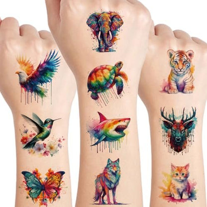 UVUXO Watercolor Animals Temporary Tattoos for Kids - 60 Styles, Safe & Easy to Apply, Birthday Party Favors