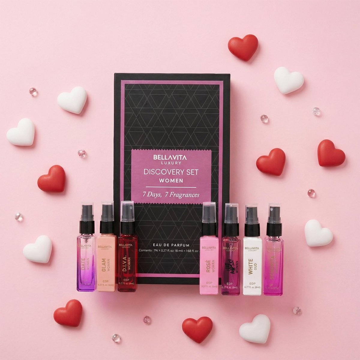 Bellavita Luxury Women's Perfume Discovery Gift Set - 7 x 8ml Eau de Parfum (Date, Glam, Diva, Rose, Hot Mess, White Oud, Senorita) - Floral, Fresh & Fruity Scents Avelisse