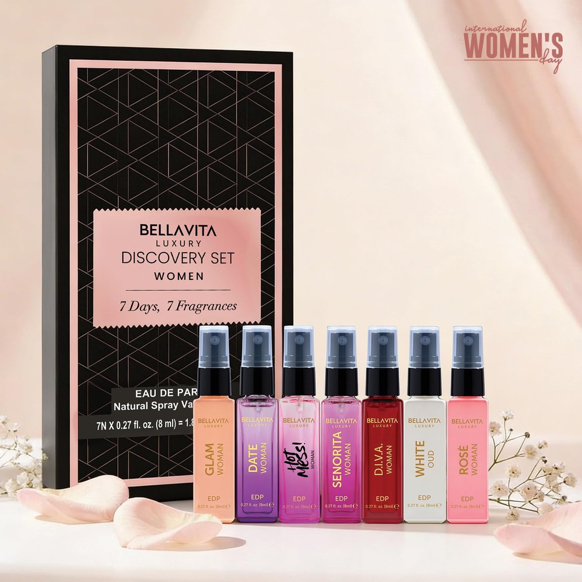 Bellavita Luxury Women's Perfume Discovery Gift Set - 7 x 8ml Eau de Parfum (Date, Glam, Diva, Rose, Hot Mess, White Oud, Senorita) - Floral, Fresh & Fruity Scents Avelisse