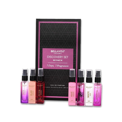Bellavita Luxury Women's Perfume Discovery Gift Set - 7 x 8ml Eau de Parfum (Date, Glam, Diva, Rose, Hot Mess, White Oud, Senorita) - Floral, Fresh & Fruity Scents Avelisse