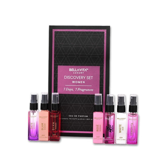 Bellavita Luxury Women's Perfume Discovery Gift Set - 7 x 8ml Eau de Parfum (Date, Glam, Diva, Rose, Hot Mess, White Oud, Senorita) - Floral, Fresh & Fruity Scents Avelisse