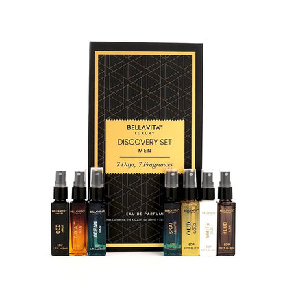 Bellavita Luxury Men's Perfume Discovery Gift Set - 7 Iconic Scents (CEO Man, G.O.A.T., OCEAN, Skai, Gold Oud, White Oud, Klub) 56ml Collection Avelisse