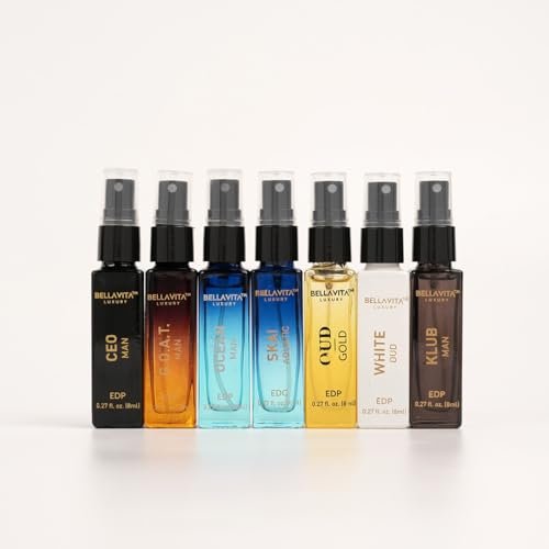 Bellavita Luxury Men's Perfume Discovery Gift Set - 7 Iconic Scents (CEO Man, G.O.A.T., OCEAN, Skai, Gold Oud, White Oud, Klub) 56ml Collection Avelisse