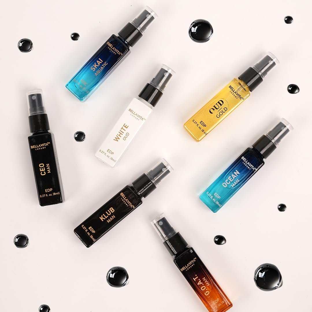 Bellavita Luxury Men's Perfume Discovery Gift Set - 7 Iconic Scents (CEO Man, G.O.A.T., OCEAN, Skai, Gold Oud, White Oud, Klub) 56ml Collection Avelisse