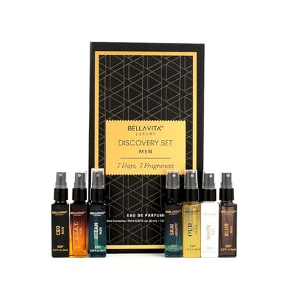 Bellavita Luxury Men's Perfume Discovery Gift Set - 7 Iconic Scents (CEO Man, G.O.A.T., OCEAN, Skai, Gold Oud, White Oud, Klub) 56ml Collection Avelisse