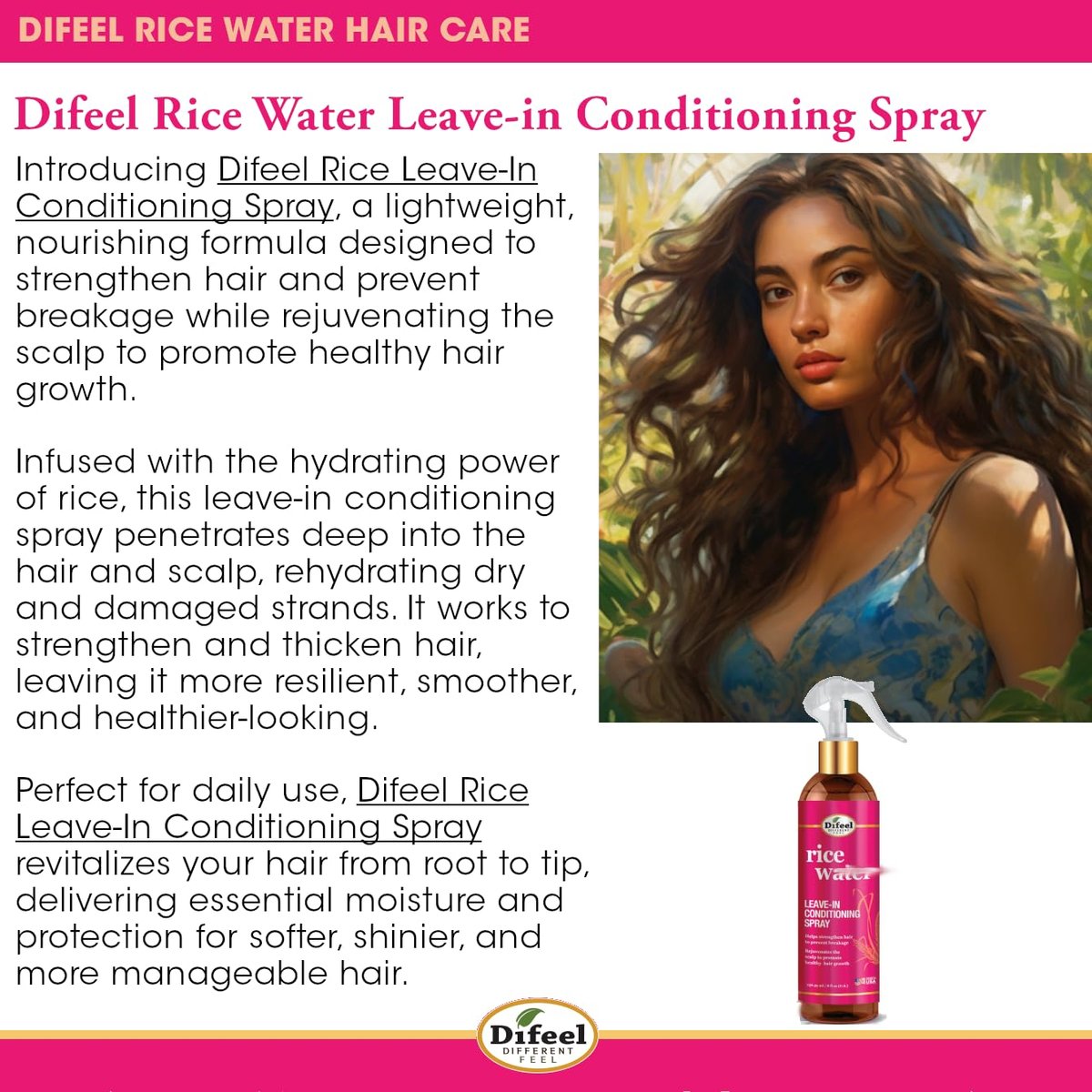 Difeel Rice Water Leave-in Conditioning Spray 8 oz. – Moisturizing Leave In Conditioner for Dry Damaged Hair - görsel 5