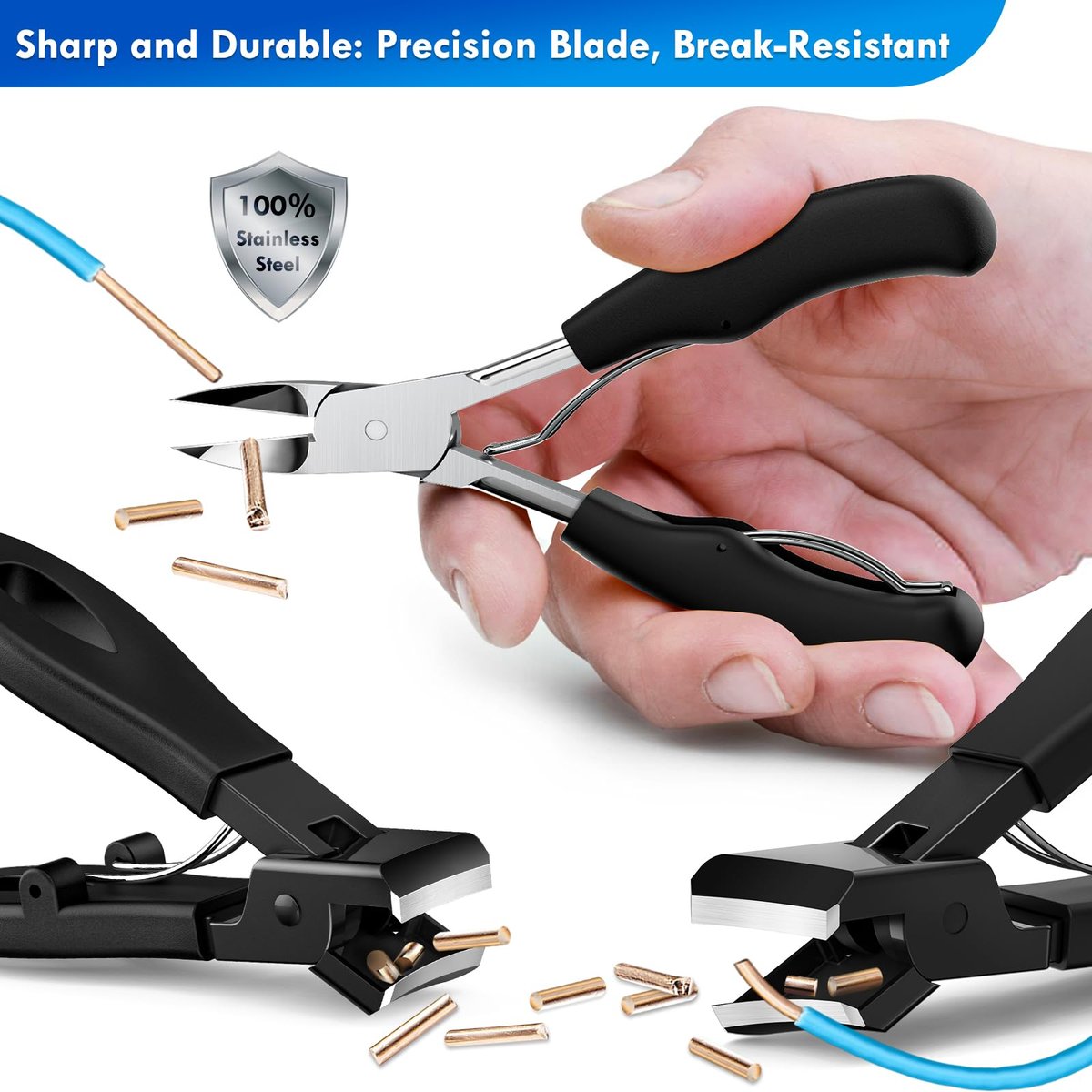 Professional Ingrown Toenail Tools Kit for Seniors – Wide Jaw Straight Nail Clippers & Large Angled Cutter for Heavy Duty Thick Toe Nails – Manicure Set for Men & Women (Extra Large, Black) Avelisse