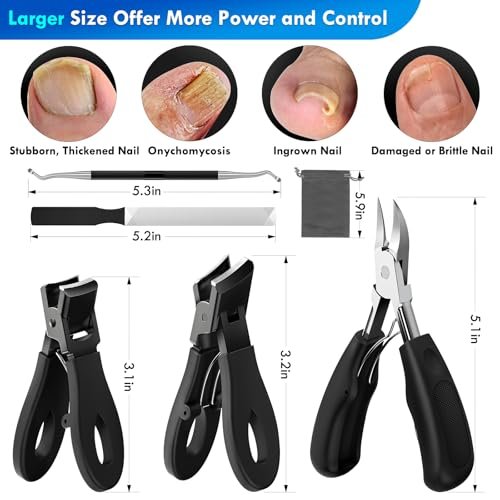 Professional Ingrown Toenail Tools Kit for Seniors – Wide Jaw Straight Nail Clippers & Large Angled Cutter for Heavy Duty Thick Toe Nails – Manicure Set for Men & Women (Extra Large, Black) Avelisse