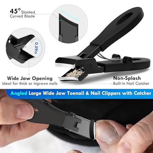 Professional Ingrown Toenail Tools Kit for Seniors – Wide Jaw Straight Nail Clippers & Large Angled Cutter for Heavy Duty Thick Toe Nails – Manicure Set for Men & Women (Extra Large, Black) Avelisse