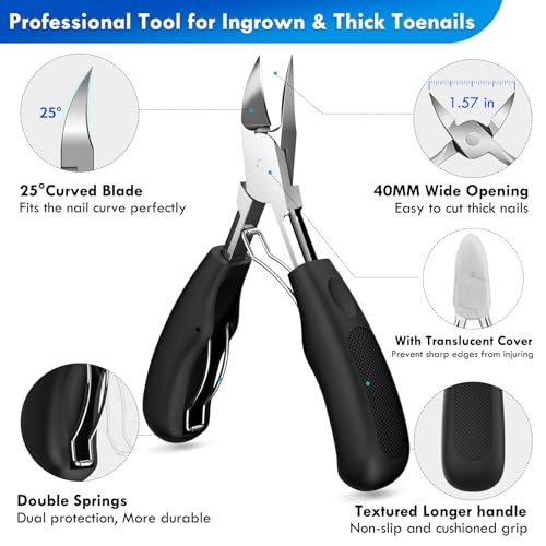 Professional Ingrown Toenail Tools Kit for Seniors – Wide Jaw Straight Nail Clippers & Large Angled Cutter for Heavy Duty Thick Toe Nails – Manicure Set for Men & Women (Extra Large, Black) Avelisse