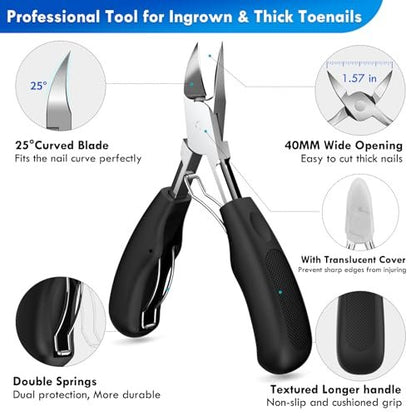 Professional Ingrown Toenail Tools Kit for Seniors – Wide Jaw Straight Nail Clippers & Large Angled Cutter for Heavy Duty Thick Toe Nails – Manicure Set for Men & Women (Extra Large, Black) Avelisse