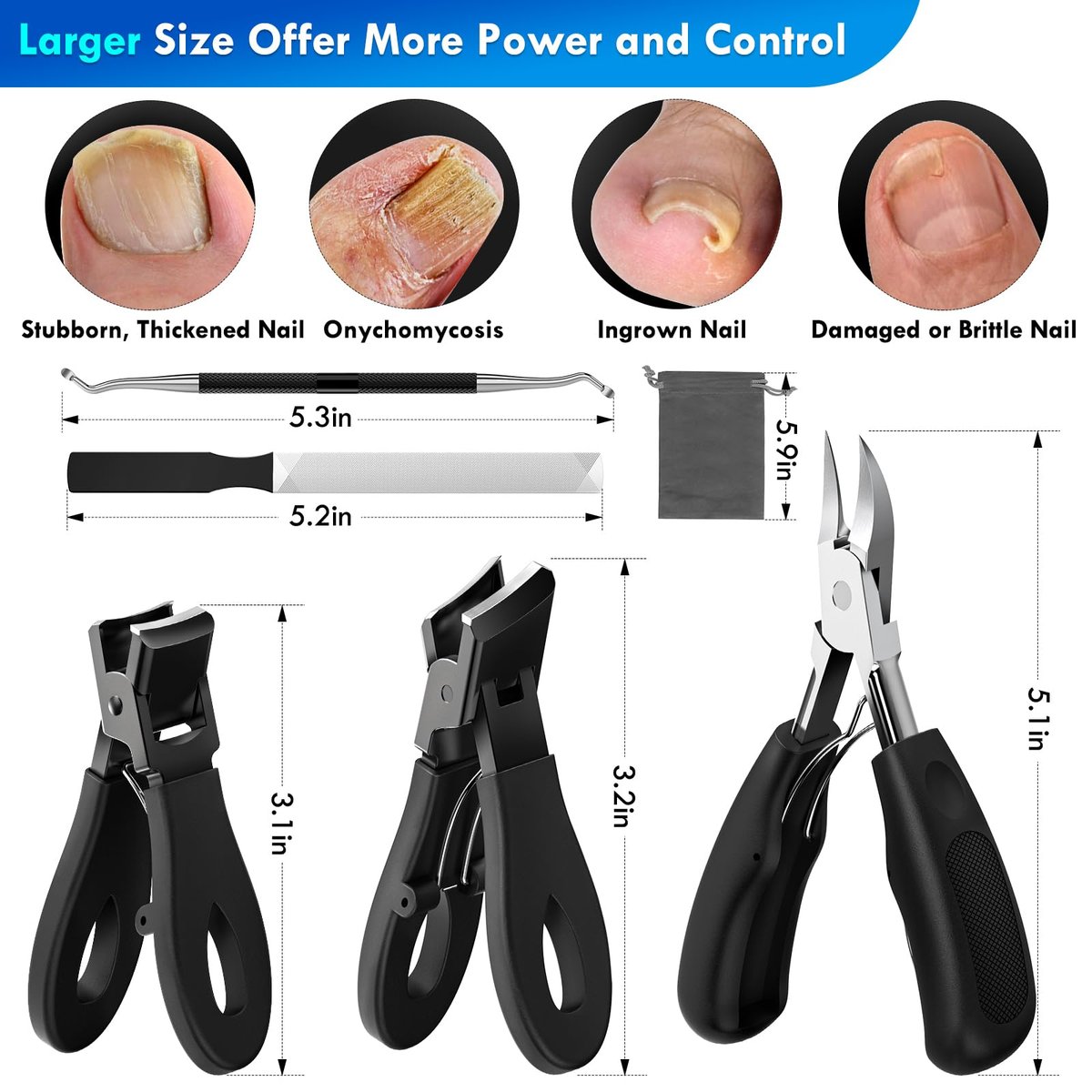 Professional Ingrown Toenail Tools Kit for Seniors – Wide Jaw Straight Nail Clippers & Large Angled Cutter for Heavy Duty Thick Toe Nails – Manicure Set for Men & Women (Extra Large, Black) Avelisse