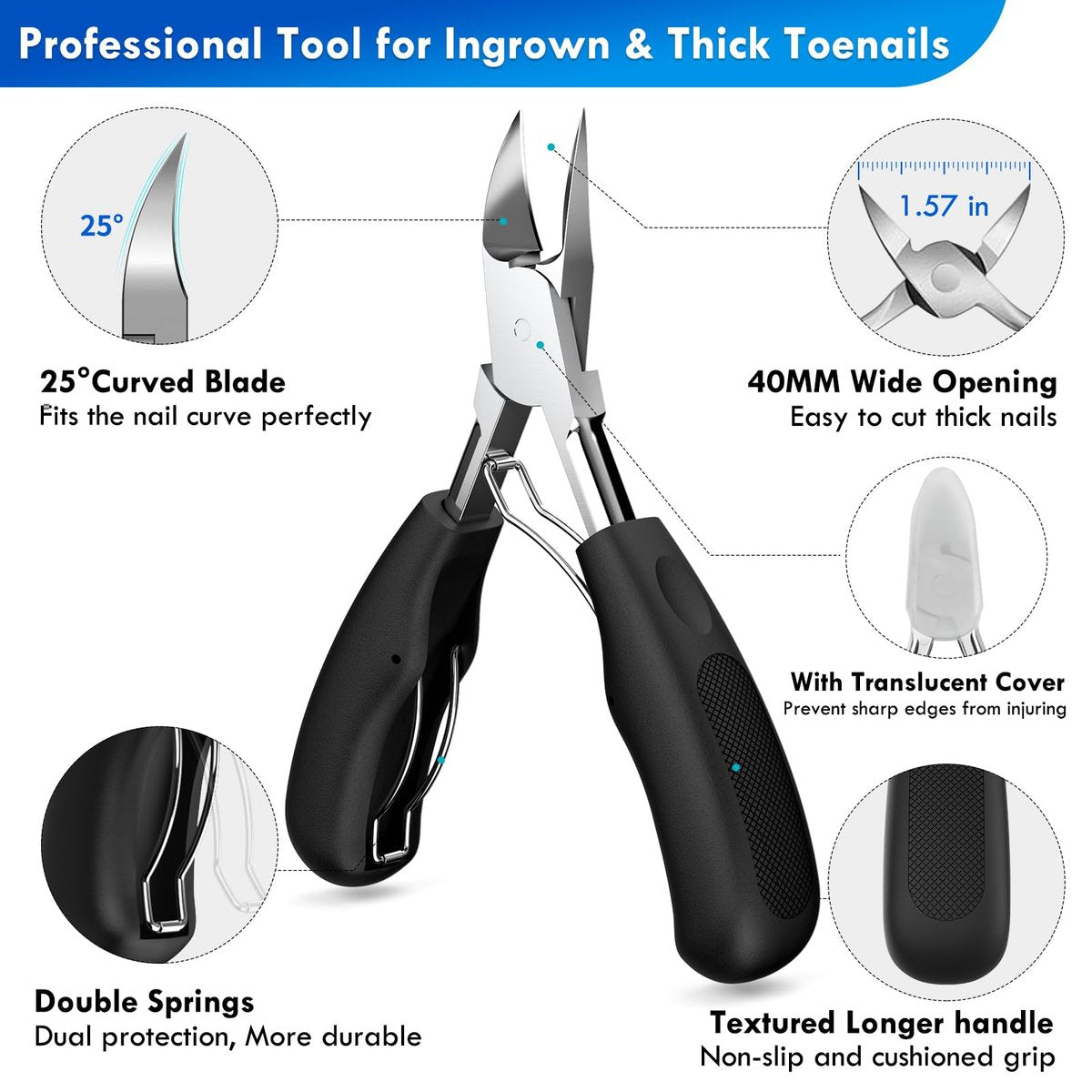 Professional Ingrown Toenail Tools Kit for Seniors – Wide Jaw Straight Nail Clippers & Large Angled Cutter for Heavy Duty Thick Toe Nails – Manicure Set for Men & Women (Extra Large, Black) Avelisse